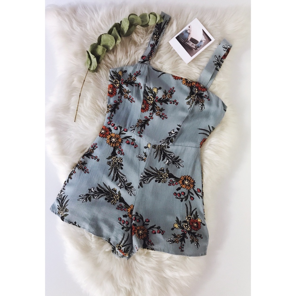 Antique Blue Retro Floral Print Romper